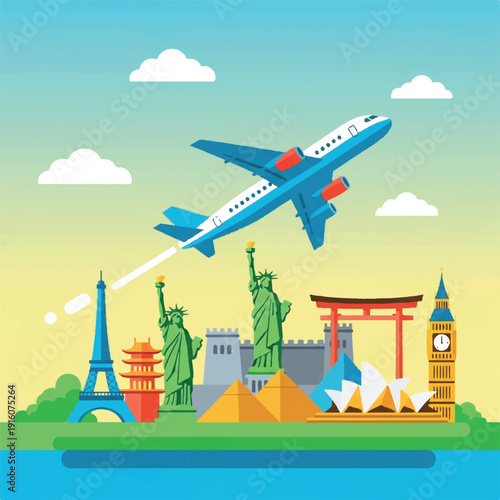 Travel the world and explore famous landmarks and monuments with a plane flying in the sky, symbolizing global adventure and vacation journeys