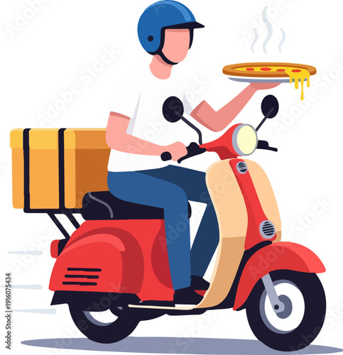 Flat Illustration Pizza Delivery Boy on Scooter with Box for Restaurant