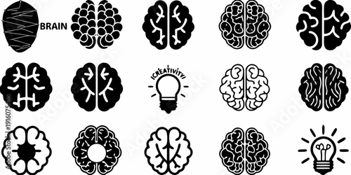 Black and white icons depicting human brains and creative ideas