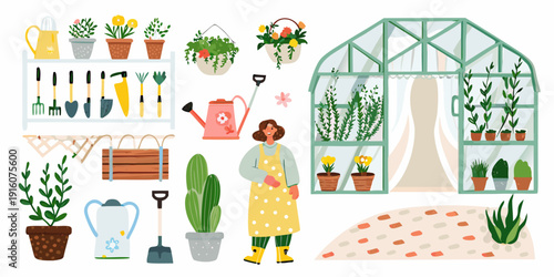 A colorful illustration depicting gardening tools plants and a greenhouse scene