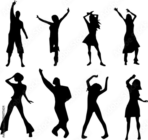 A set of eight highly detailed black silhouettes featuring various men and women in expressive dance poses.