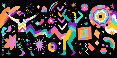 Abstract illustration of dancing figures and colorful geometric shapes on black