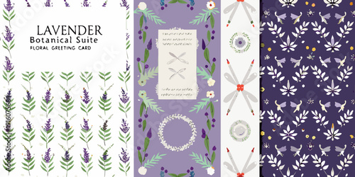 Botanical lavender themed greeting card suite with floral and leaf patterns