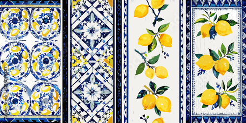 Four decorative ceramic tiles featuring blue and yellow patterns