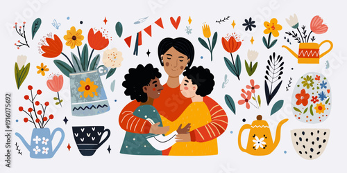A mother and daughter share a tender moment amidst colorful floral illustrations