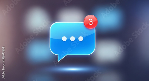 Blue chat message icon with notification on blurred background symbolizing unread messages or new communication
