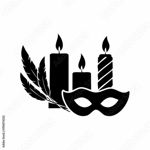 A mysterious masquerade mask surrounded by lit candles and feathers, symbolizing secrecy and intrigue in a dark atmosphere.