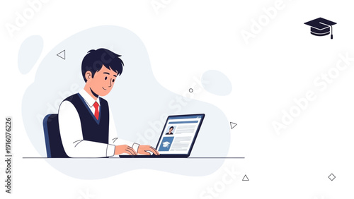 Student learning online with laptop, graduation cap symbol, education concept