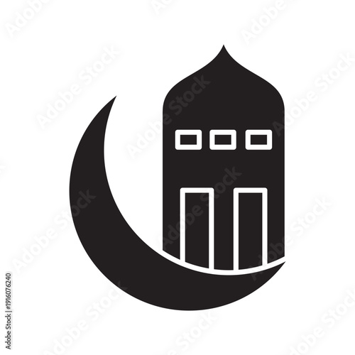Outline mosque building with crescent moon icon. Islamic religious symbol representing Ramadan, prayer, Eid celebration, and Muslim culture. Minimal black line vector isolated on white background.