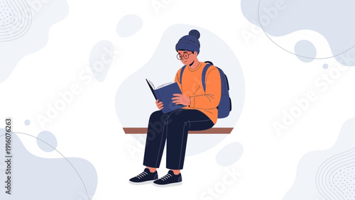 Student Reading Book Outdoors with Backpack - Casual Learning and Education Concept