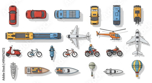 Collection of various transportation vehicles seen from above.