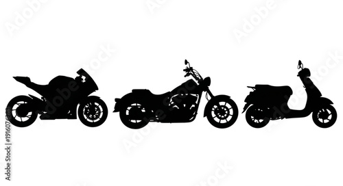 Silhouettes of three different types of motorcycles and scooters.