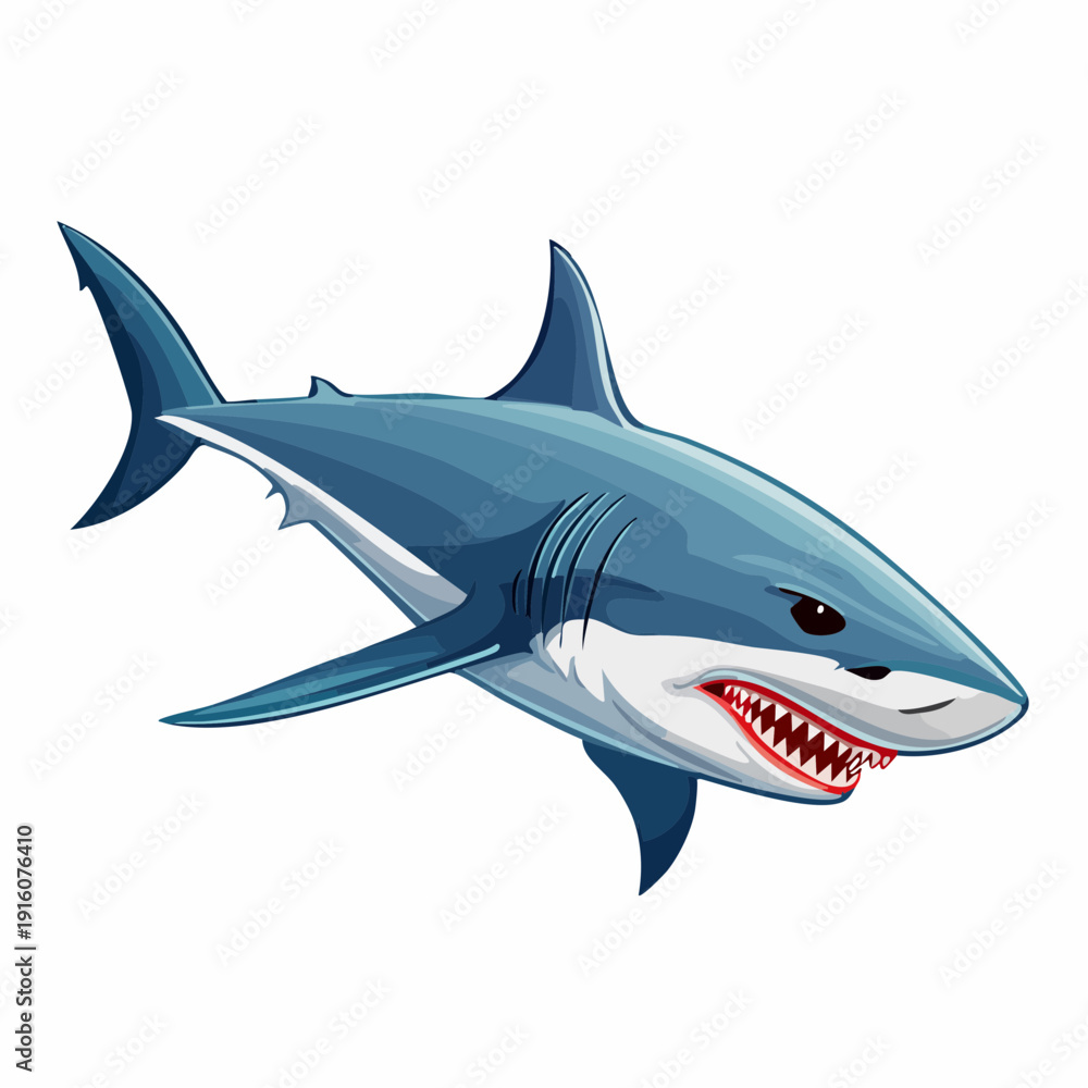 Obraz premium A menacing great white shark illustration with sharp teeth, swimming in the ocean, viewed from the side with fins and tail visible