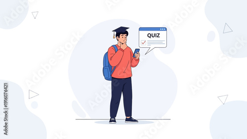Student taking online quiz on phone with graduation cap and backpack, education concept