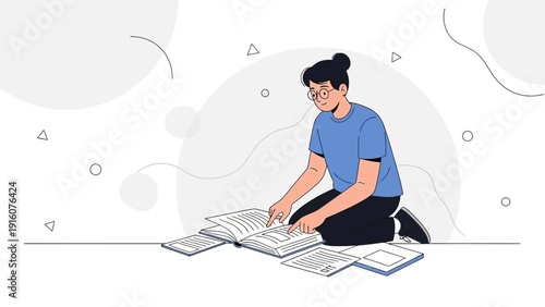 Student studying, reading book, doing homework, learning, focused on education, modern illustration