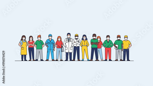 Row of diverse essential workers wearing protective face masks standing together against a neutral light blue background for safety.
