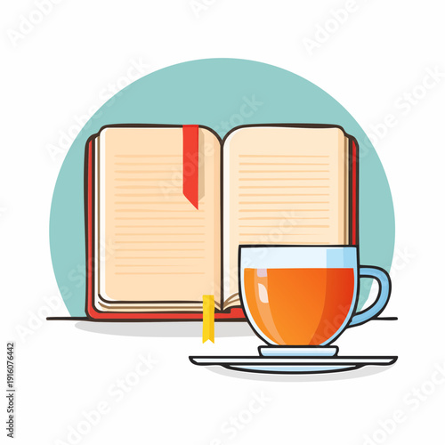A cup of tea and an open book on a table, viewed from the side, in a serene environment with a graphic illustration style