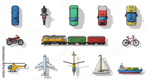 Collection of various transportation vehicles seen from above.