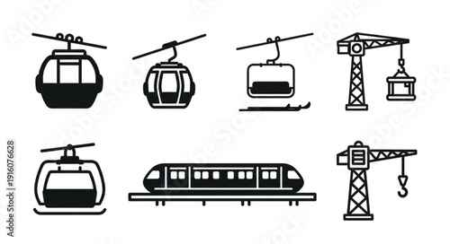 Collection of transportation and construction icons in black and white.