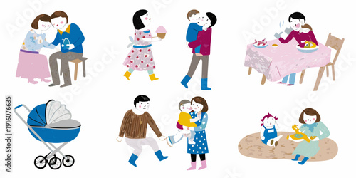 Illustrations depicting various family moments and interactions