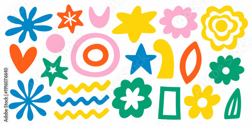 Colorful assortment of playful shapes and floral designs on a white background