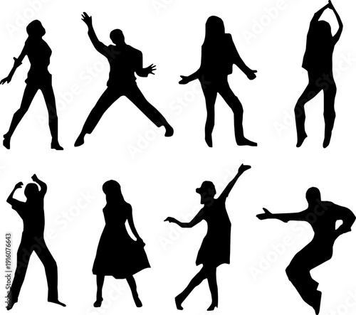 A set of eight highly detailed black silhouettes featuring various men and women in expressive dance poses.
