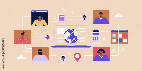 Digital connections and global communication illustrated with people and devices