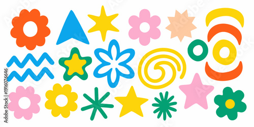 Colorful assortment of playful cartoon shapes and celestial objects