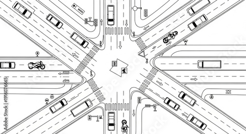 Complex Road Intersection with Traffic Flow and Vehicles.
