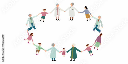 Diverse group of people including doctors holding hands in a circle