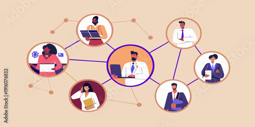 Connected professionals collaborate remotely using technology in a network design
