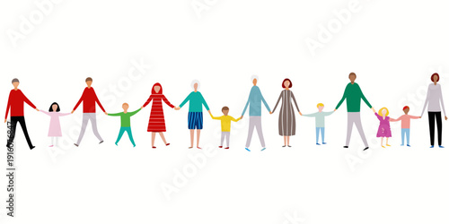 Diverse group of people holding hands in a line symbolizing unity