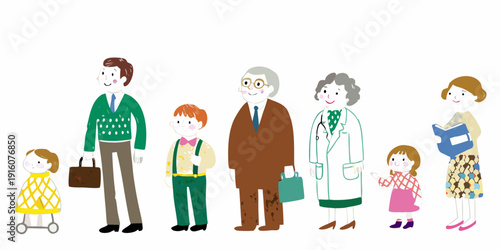 A diverse family group stands together in a colorful illustrated style