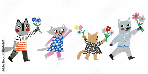 Four anthropomorphic cats joyfully holding bouquets of colorful flowers