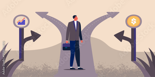 A businessman contemplates a choice between growth and financial gain