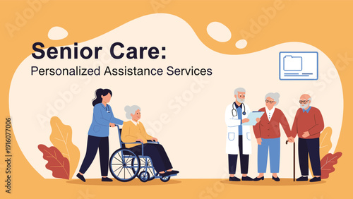 Senior care services banner showing medical staff assisting elderly people in wheelchairs and walking with a supportive cane.