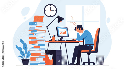 Stressed businessman sitting at a messy desk with a huge stack of paperwork and folders under a ticking clock representing deadlines.