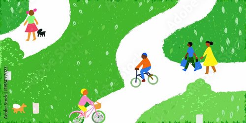 People enjoying a sunny day walking and cycling in a green park