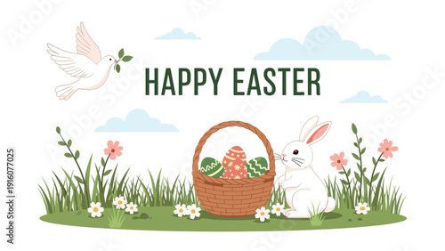 Charming easter greeting card featuring a white rabbit, a basket of painted eggs, a dove, and spring flowers in a green grassy field.