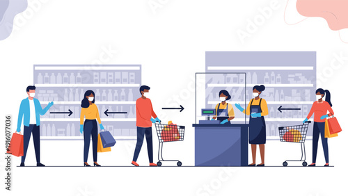 People wearing protective face masks maintaining social distance in a supermarket queue with arrows pointing to designated floor spots.