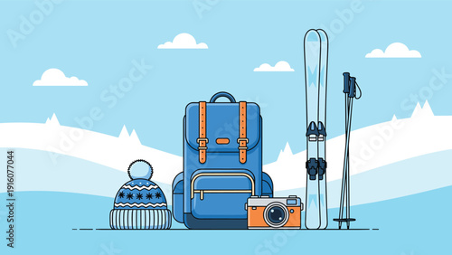 Collection of winter sports gear including skis, a blue backpack, warm hat, and a camera against a beautiful snowy mountain backdrop.