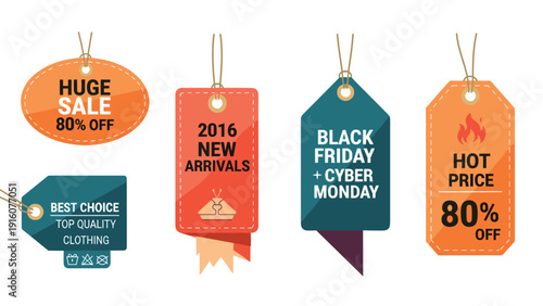 Comprehensive set of colorful shopping tags for various sales and promotions including black friday, new arrivals, and huge discounts.
