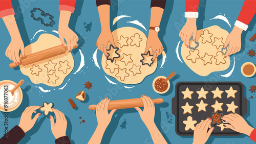 Top view of many people baking star shaped cookies together on a blue surface with dough, rolling pins, and a baking tray in oven.