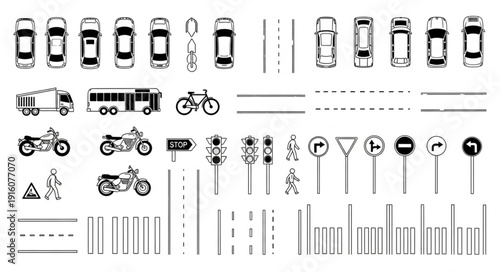 Collection of Transportation Icons and Road Signs.