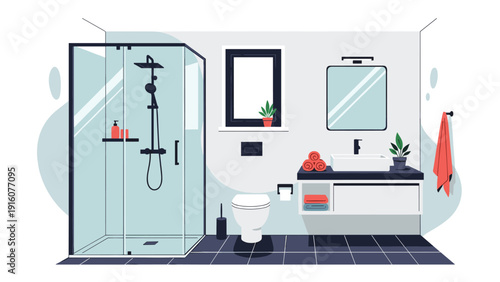 Modern bathroom design with a glass shower cabin, toilet, white sink vanity, and minimalist decor in neutral and blue tones.