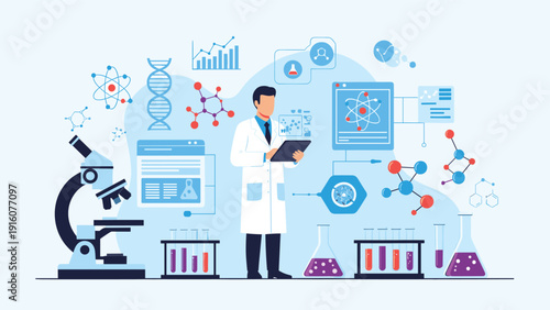 Professional scientist in a white lab coat working with a tablet surrounded by lab equipment like a microscope and chemical symbols.
