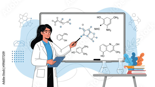 Female scientist explaining complex chemical formulas on a large whiteboard while holding a clipboard in a research laboratory setting.