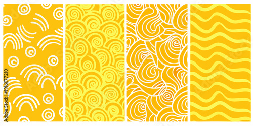 Four yellow patterned backgrounds with swirling and wave like designs
