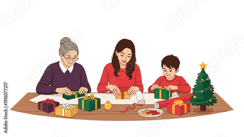 Family members including a grandmother, mother, and child wrapping christmas gifts together at a wooden table in a cozy room.