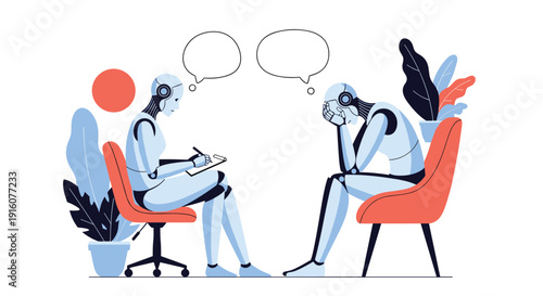 Humanoid robots in therapy session representing artificial intelligence mental health and emotional support concept in a flat style.
